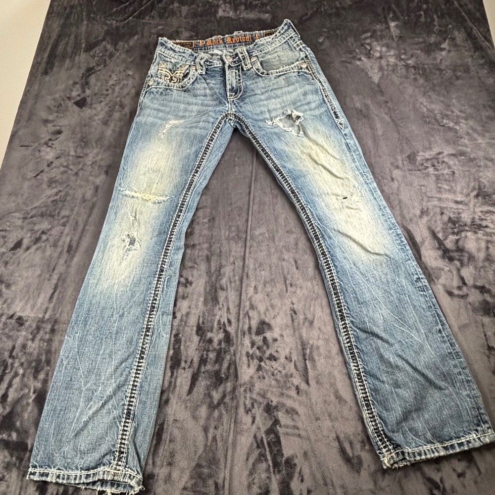 Rock Revival Kasper Slim Boot Jeans Mens 29 Blue Distressed E8702BM2L